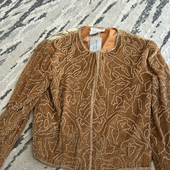 NWT Vintage Adrianna Papell Gold Beaded SILK Evening Jacket LG holiday party - Picture 3 of 11